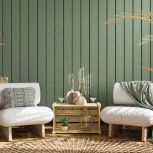 Moderne woonkamer met groene muur en stoelen