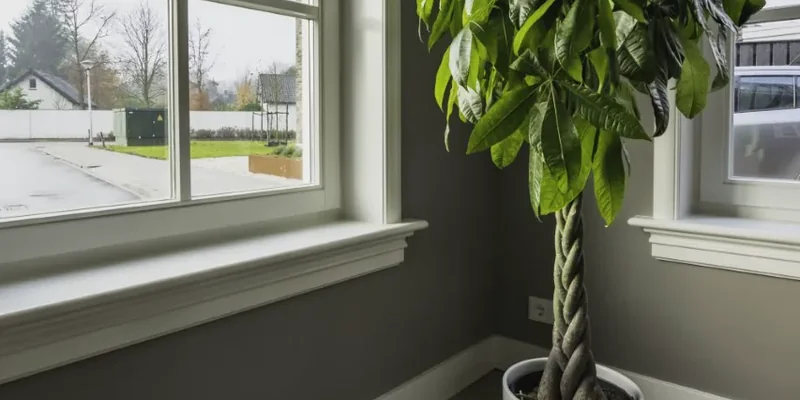 Smalle vensterbank in een grijs interieur met grote plant en raam met daglicht, strak en simpel gedecoreerd