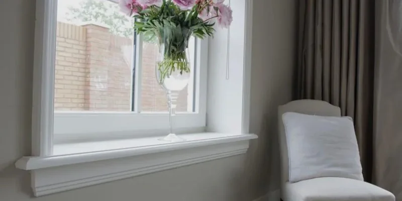 Brede witte vensterbank met profiel onder een groot raam, met roze pioenen in een vaas en een gestoffeerde stoel ernaast