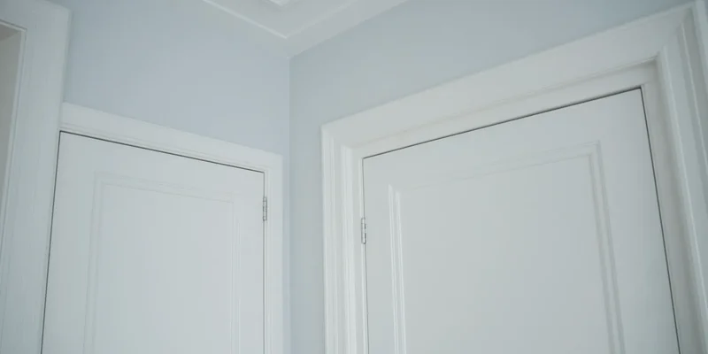 Strak witte binnendeuren met MDF architraven tegen een lichtblauwe muur